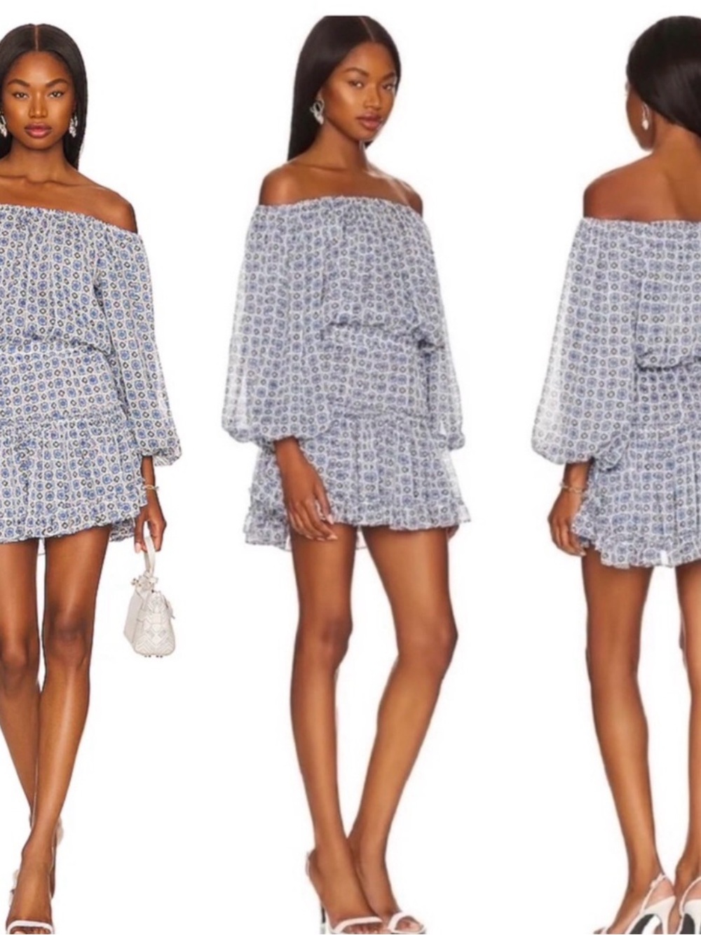 Misa Los Angeles Off-Shoulder Blue and White Floral Mini Dress